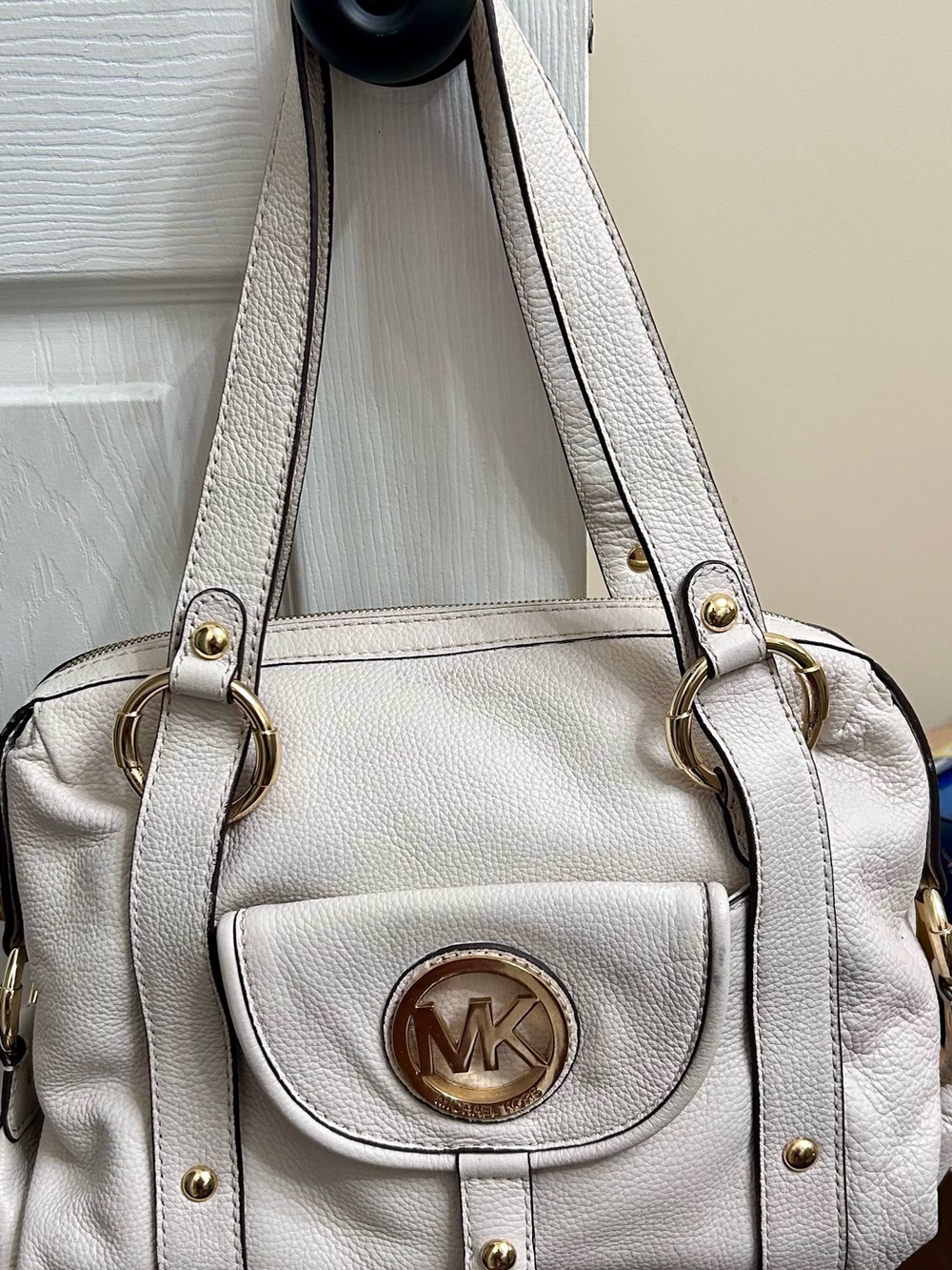 Michael Kors Cream Pebbled Leather Shoulder Bag with Gold Hardware